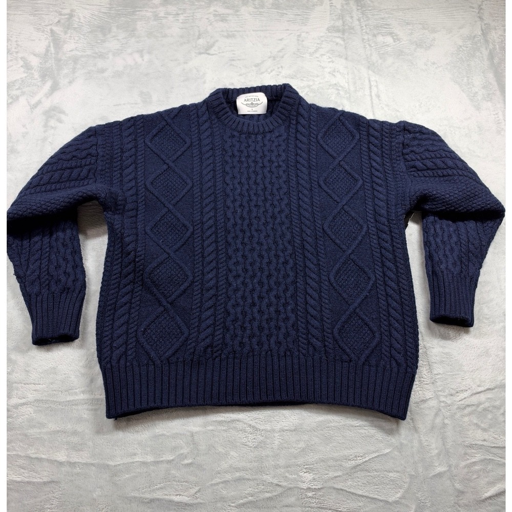 Aritzia Heritage Knit Sweater S Navy 100% Merino Wool Cable Fisherman Crew